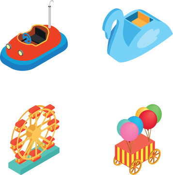 Four isometric park amusement elements including a bumper car, swan boat, ferris wheel, and balloon cart
