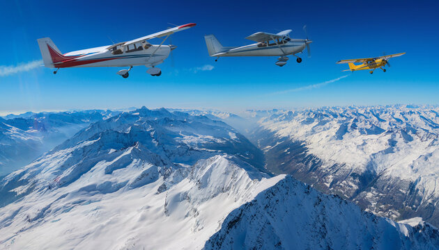 airplane flying over snowy mountains