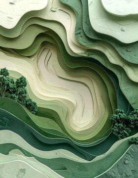 Layered Landscape: An abstract, layered topography in soothing shades of green evokes a sense of natural beauty and depth, reminiscent of rolling hills and verdant valleys.