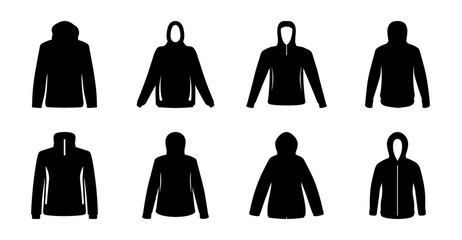 Black hoodie and jacket silhouettes collection - Eight stylish black hoodie and jacket silhouettes in a clean, simple design perfect for fashion or lifestyle stock use. © MST