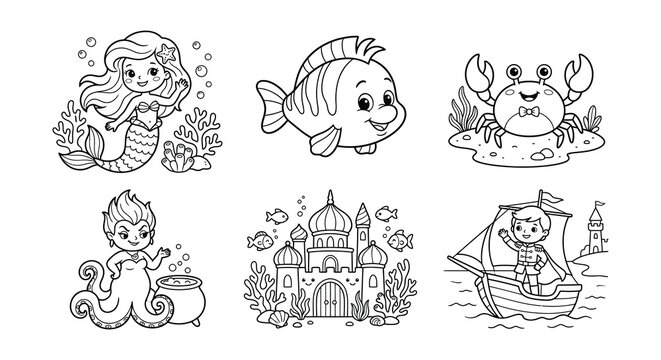 Underwater creatures and castle black line vector illustration on white background