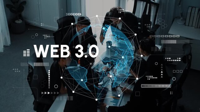Business professionals collaborating on Web 3.0 project, using digital technology and data visualization in modern office setting, innovative ideas and teamwork concept. Entropy.