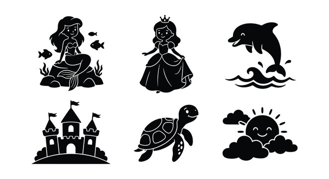 Underwater creatures and castle black line vector illustration on white background