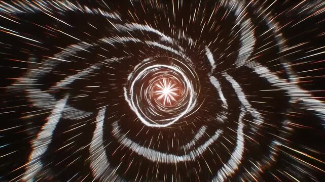 Abstract cosmic spiral with luminous streaks in dynamic artistic style on dark space backdrop, concept of speed and infinity