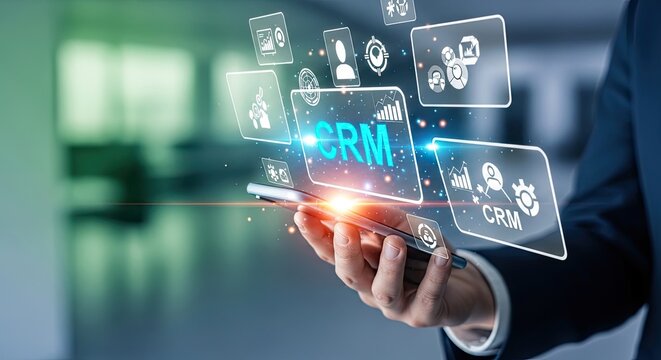 Crm technology concept hand holding smartphone with customer relationship management interface