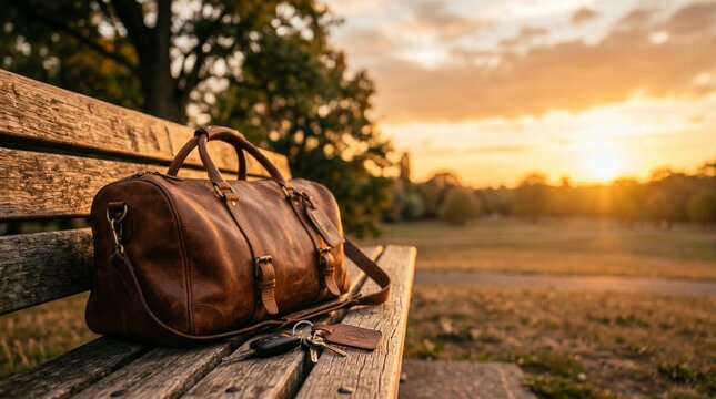 Brown leather duffel bag and car keys on a wooden bench at sunset