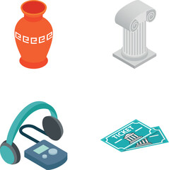 Naklejka premium Museum icons representing ancient vase, column, audio guide, and entrance tickets