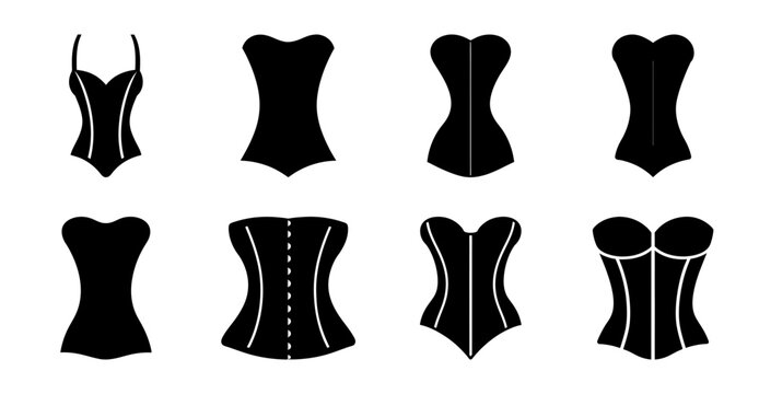 Black corset bodice styles flat illustration - Six sleek black corset bodice designs shown in a clean, flat vector style for fashion and apparel use.