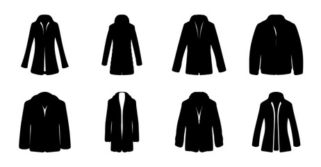 Black winter jackets flat illustration set - A clean flat design illustration showing six different styles of black winter jackets, perfect for fashion or seasonal stock needs. © MST