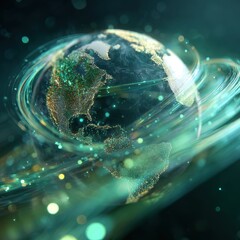 Fototapeta premium Digital visualization of Earth with illuminated continents and dynamic swirling light trails representing global connectivity and futuristic technology concepts