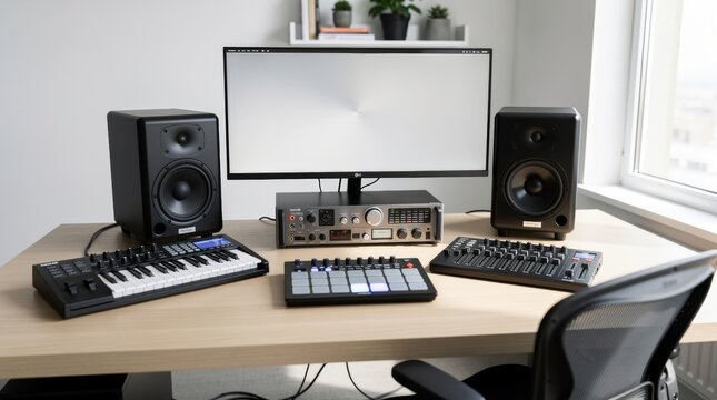 Professional home music production studio setup with monitor and speakers