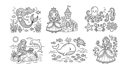 Underwater creatures and princesses black and white vector illustration set © nurjahan
