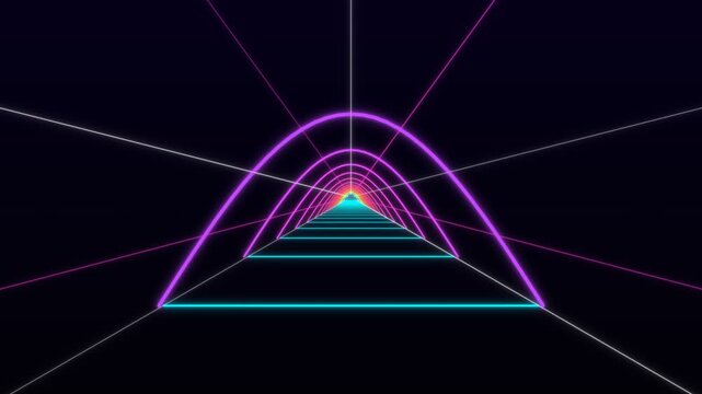 Neon light tunnel with geometric shapes and vibrant colors
