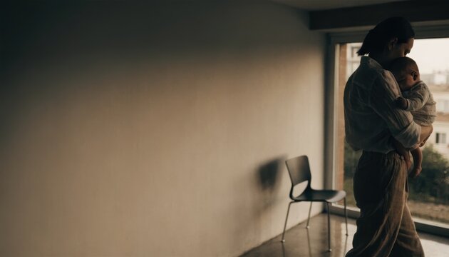 A person holding a child stands near a window in a dimly lit, sparsely furnished room with a single chair casting a shadow on the wall.