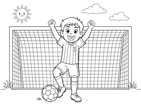 Happy boy in soccer uniform standing with arms raised in front of a goal net and a soccer ball on a sunny day