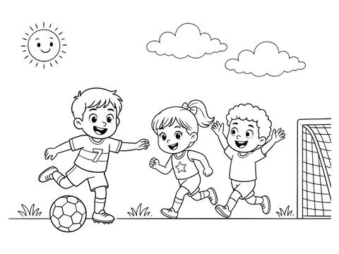 Children playing soccer outdoors on sunny day with clouds and goal  kids running and kicking ball
