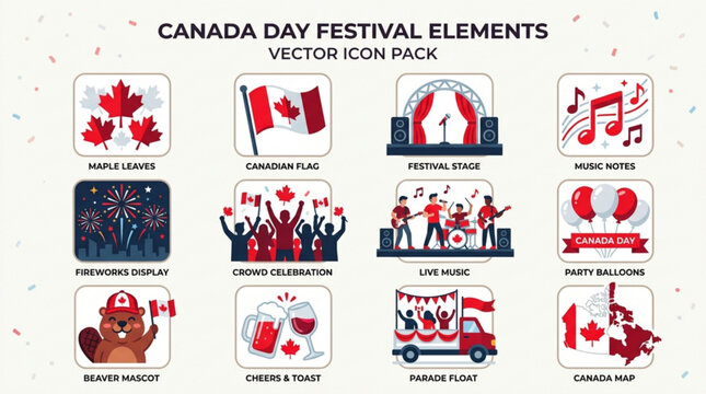 Canada day festival elements vector icon pack with maple leaves