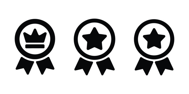 Black award ribbon icons featuring stars and circular badges, representing achievement, quality certification, and business success concepts.
