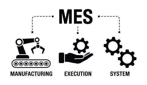 Manufacturing execution system (MES) concept icons featuring industrial automation, production management, factory process control, and smart manufacturing digital transformation.