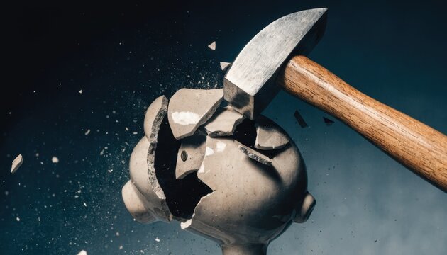 A hammer breaking a piggy bank, symbolizing savings being destroyed or financial crisis, with shards flying against a dark background.