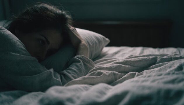 A woman lies awake in bed at night, appearing restless or troubled, wrapped in a blanket in a dimly lit room.