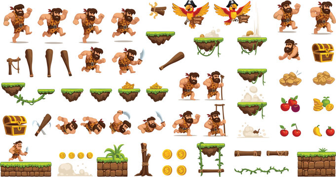 Cartoon caveman game assets set with character animations floating platforms coins weapons treasure chests fruits and user interface elements