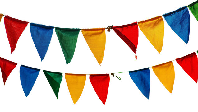 Colorful fabric pennant banners strung on cords, isolated on transparent background