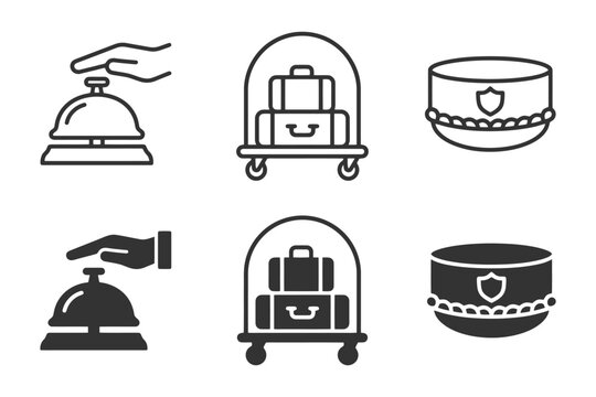 Hotel service icons set featuring bell, luggage cart, and bellboy hat.