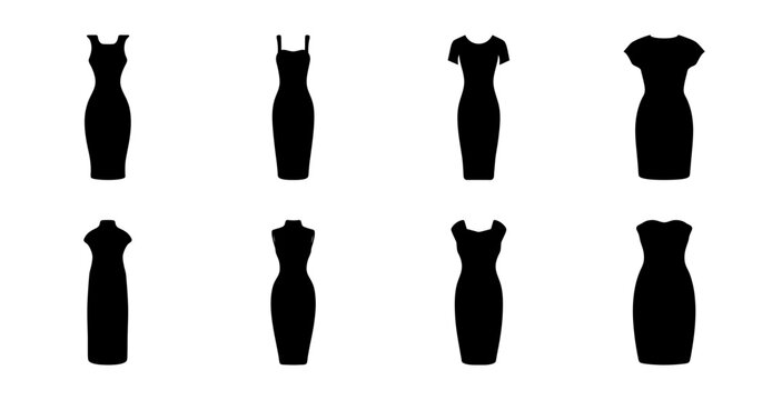 Black dress silhouettes in a row - Eight stylish black dress shapes arranged neatly in two rows for fashion design or illustration use.