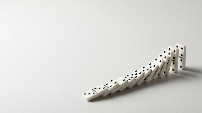 Dominoes falling in a line on a white surface representing chain reaction and consequences