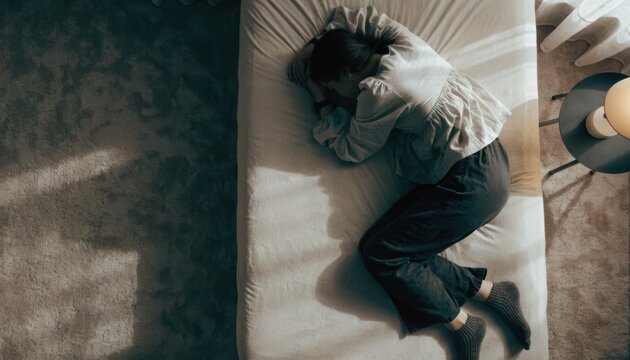 Person lying curled up on a bed in a dimly lit room, suggesting rest, contemplation, or emotional distress.