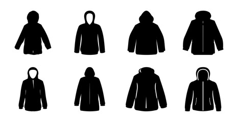 Black winter jackets flat icon set - Minimalist black silhouette icons of winter jackets in different styles for easy graphic use. © MST