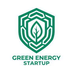 Obraz premium Green energy startup logo design featuring eco leaf icon inside modern geometric shield shape.