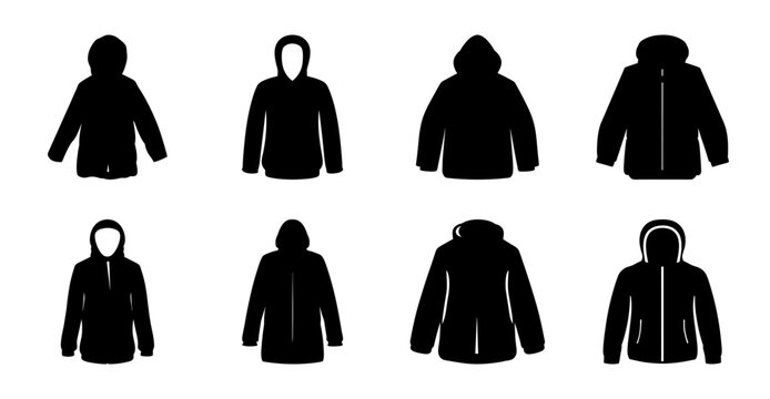 Black winter jackets flat icon set - Minimalist black silhouette icons of winter jackets in different styles for easy graphic use.