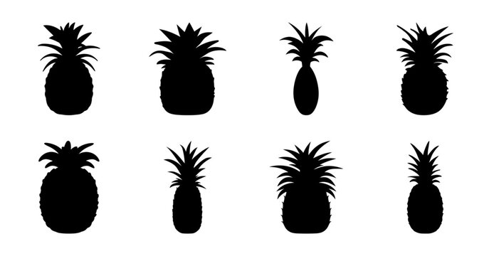 Black pineapple icons in a row - Six stylish black pineapple icons arranged neatly for design or illustration use.
