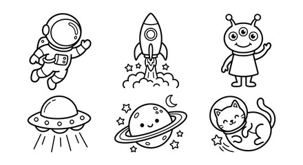 Space themed Vector Illustrations Rocket Astronaut Alien And Animal Characters © nurjahan