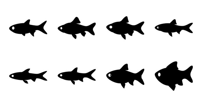 Eight black fish swimming in a line - Simple vector illustration of eight black fish icons aligned in two parallel rows, perfect for educational or design use.