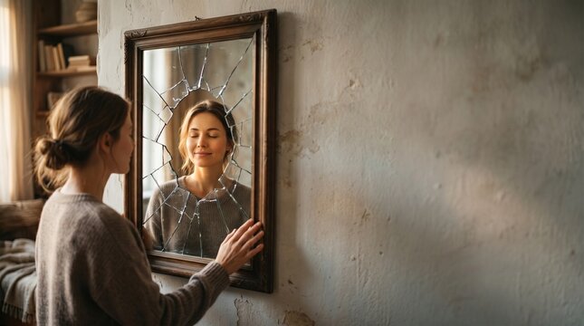Woman looking at her reflection in a broken mirror with eyes closed