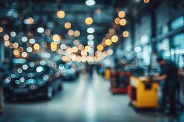 Fototapeta premium Blurred view of a busy automotive workshop with glowing overhead lights and a technician working on a laptop at a bright yellow tool cart in the foreground