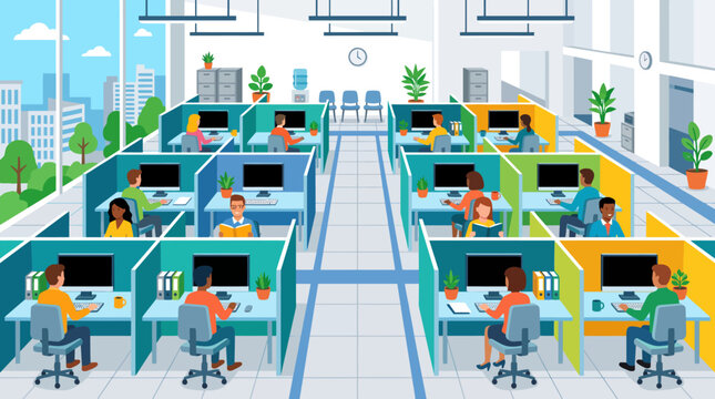 Modern office interior illustration with diverse employees working in colorful cubicles and workspace