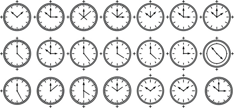Minimalist analog clock face vector icons bundle showing various hours and times isolated on white background.