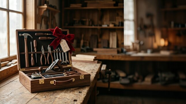 Wooden toolbox with tools and red ribbon gift in a workshop