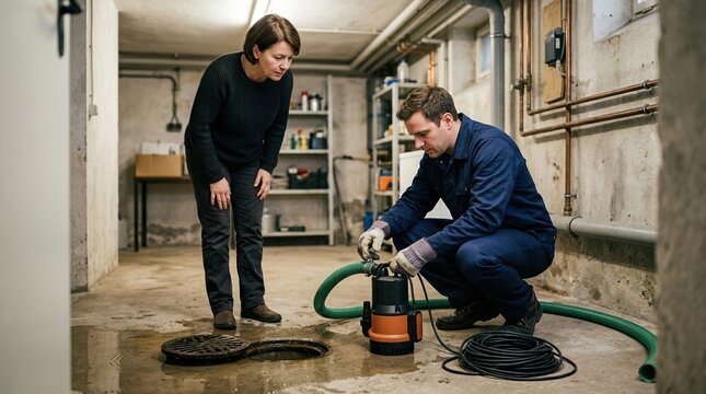 Professional plumber repairing flooded basement with water pump. Homeowner observing technician fixing drainage issue