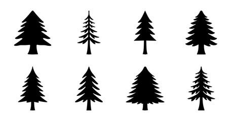 Fototapeta premium Simple black christmas trees icon set - Minimalist set of eight stylized black Christmas trees icons in a clean layout, ideal for holiday designs and digital projects.