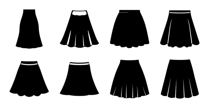 Black skirt styles flat illustration collection - Eight stylish black skirt designs shown in a clean, flat illustration style for fashion or design projects.