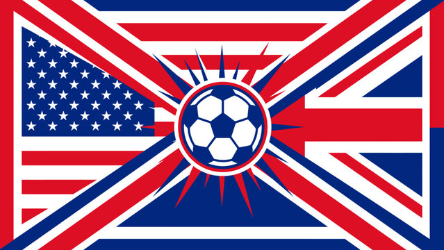 American and British flags with soccer ball in the middle symbolizing sports unity  international friendly match