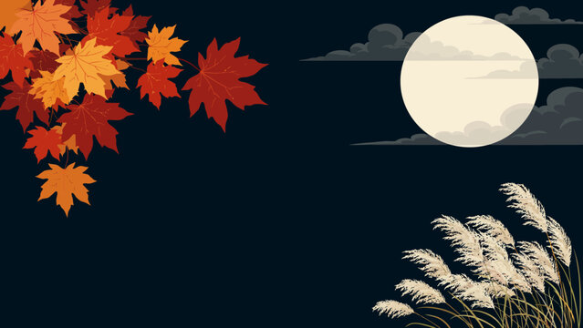 Autumn leaves and full moon with clouds at night with grass