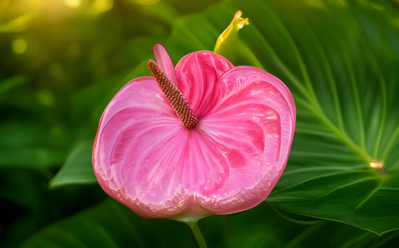 A striking pink flower displays its glossy petals and spadix, surrounded by lush green foliage in a serene setting.