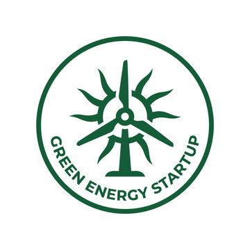 Green energy startup logo incorporating wind turbine silhouette and sun burst inside circle.