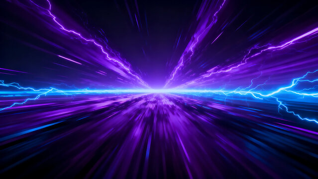 Vibrant purple and blue lightning rays exploding from a bright central point, radiating dynamic energy and speed in a dark background with electric flashes.
